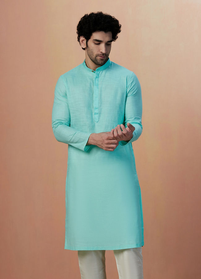 alt message - Manyavar Men Sea Green Plain Kurta Pajama image number 1